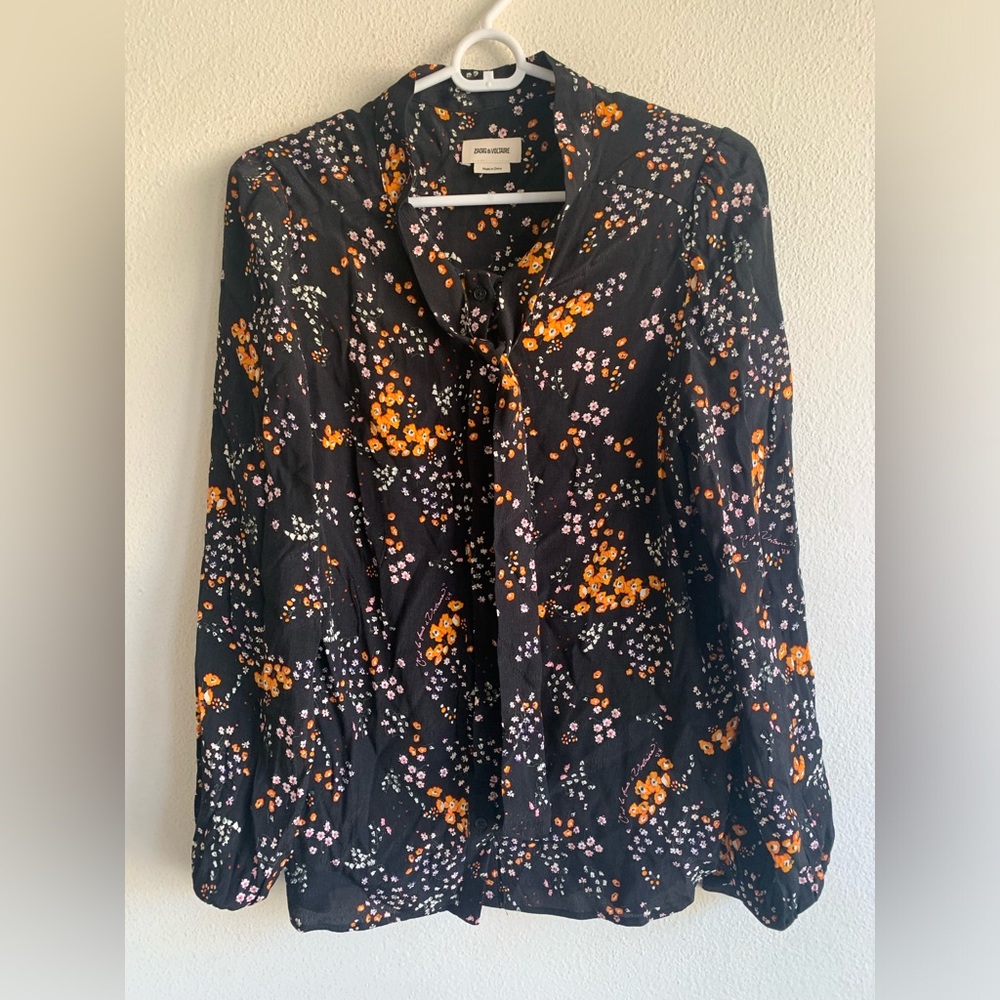 Zadig & Voltaire Taos Spark Flowers Black Floral Top Size Small